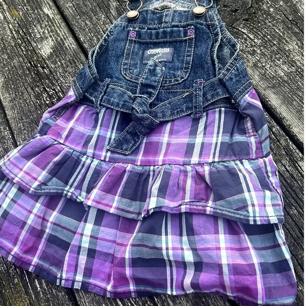 OshKosh B'gosh Overall Dress‎ Kids 18 Months Purple Plaid Denim EUC